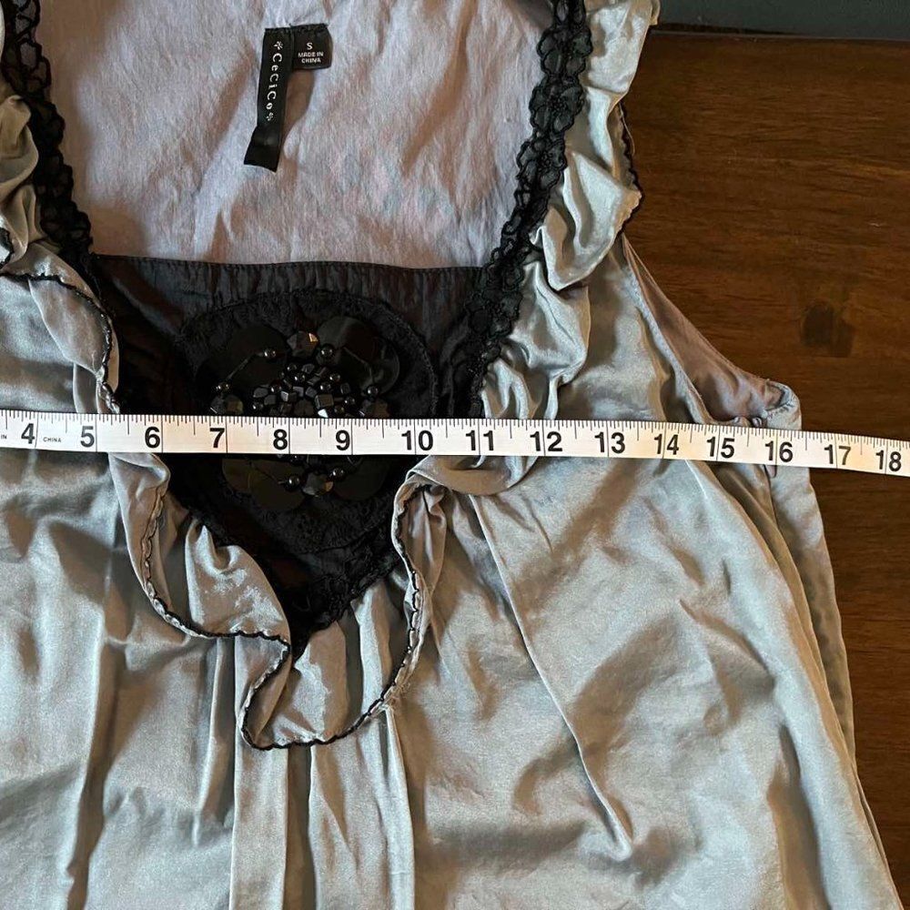 Cecico silk gray A-line sundress with black decoration size S - Picture 10 of 10